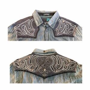 Roar Signature Long Sleeve Button Up Faded Distressed 3D Puff Embroidered Shirt